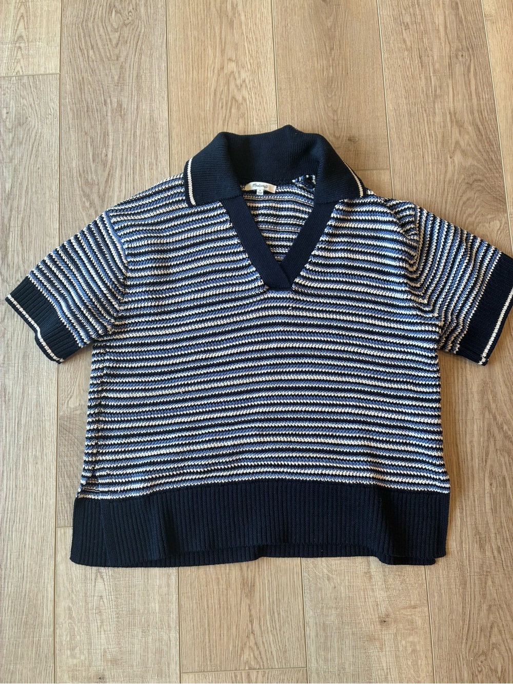 Madewell Navy & White Striped Knit Polo sweater short sleeves cotton preppy